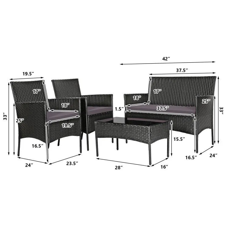 Set divano da esterno in rattan imbottito 4 pezzi con tavolino da caffè in vetro temperato - 24 x 23,5 x 33 (L x P x A)