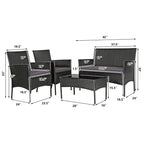 Set divano da esterno in rattan imbottito 4 pezzi con tavolino da caffè in vetro temperato - 24 x 23,5 x 33 (L x P x A)