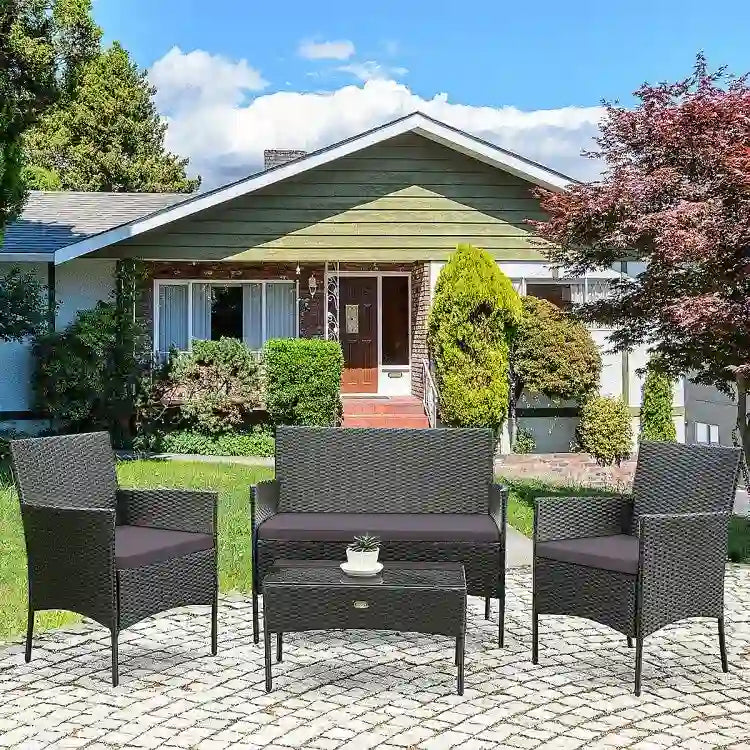 Set divano da esterno in rattan imbottito 4 pezzi con tavolino da caffè in vetro temperato - 24 x 23,5 x 33 (L x P x A)