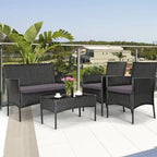 Set divano da esterno in rattan imbottito 4 pezzi con tavolino da caffè in vetro temperato - 24 x 23,5 x 33 (L x P x A)