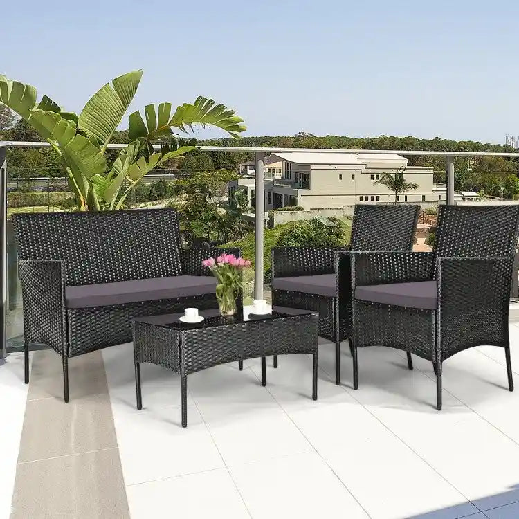 Set divano da esterno in rattan imbottito 4 pezzi con tavolino da caffè in vetro temperato - 24 x 23,5 x 33 (L x P x A)