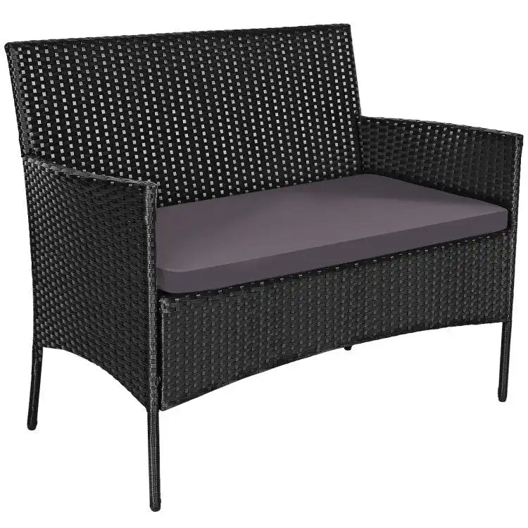Set divano da esterno in rattan imbottito 4 pezzi con tavolino da caffè in vetro temperato - 24 x 23,5 x 33 (L x P x A)