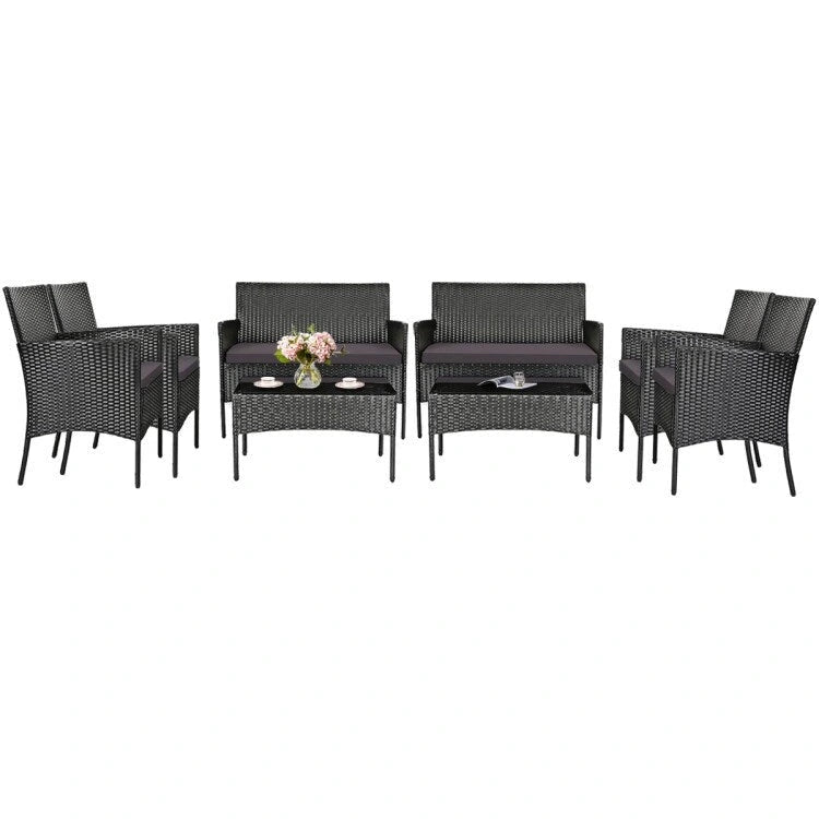 Set divano da esterno in rattan imbottito 4 pezzi con tavolino da caffè in vetro temperato - 24 x 23,5 x 33 (L x P x A)