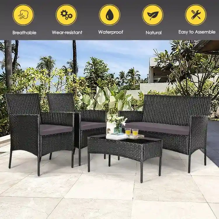 Set divano da esterno in rattan imbottito 4 pezzi con tavolino da caffè in vetro temperato - 24 x 23,5 x 33 (L x P x A)