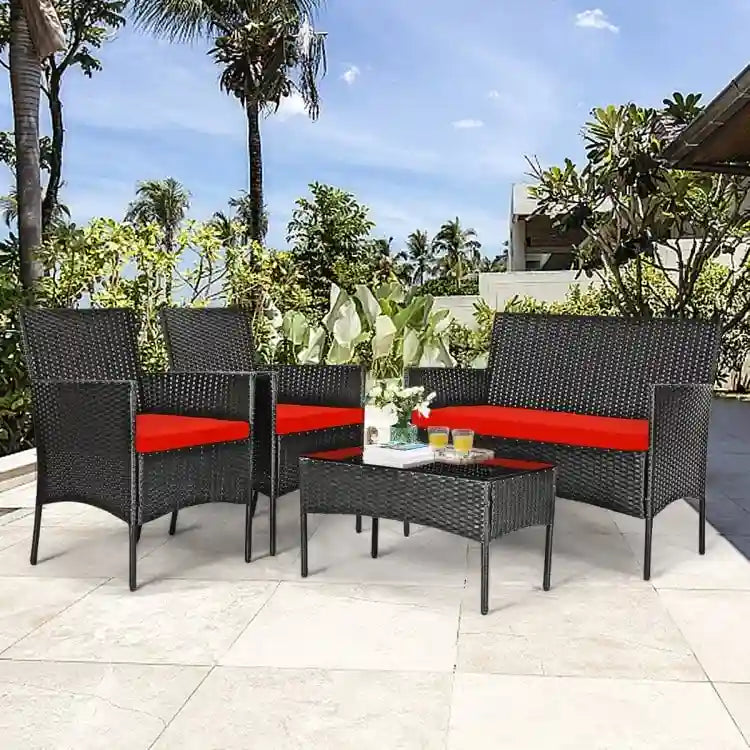Set divano da esterno in rattan imbottito 4 pezzi con tavolino da caffè in vetro temperato - 24 x 23,5 x 33 (L x P x A)
