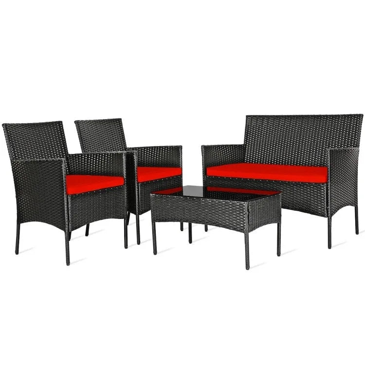 Set divano da esterno in rattan imbottito 4 pezzi con tavolino da caffè in vetro temperato - 24 x 23,5 x 33 (L x P x A)