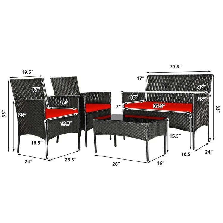 Set divano da esterno in rattan imbottito 4 pezzi con tavolino da caffè in vetro temperato - 24 x 23,5 x 33 (L x P x A)