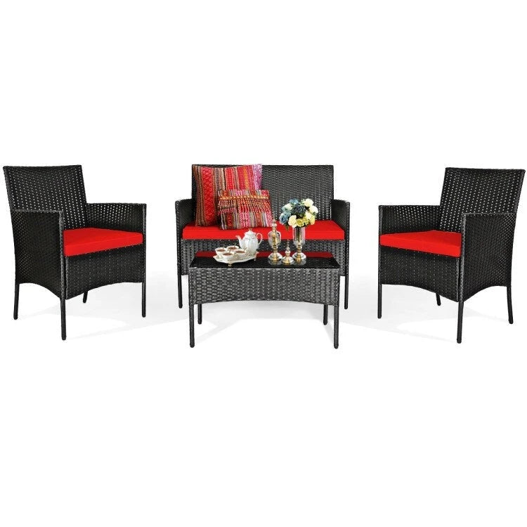 Set divano da esterno in rattan imbottito 4 pezzi con tavolino da caffè in vetro temperato - 24 x 23,5 x 33 (L x P x A)