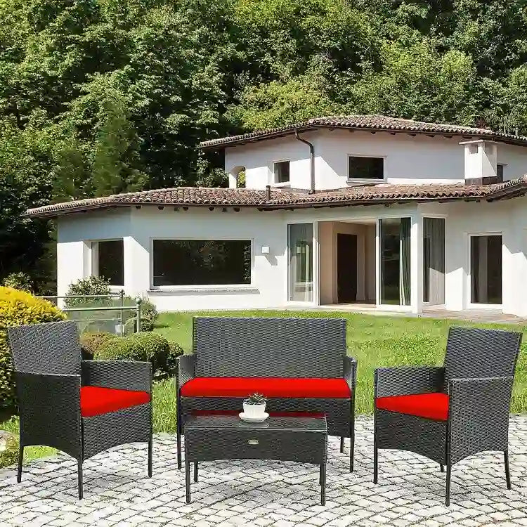 Set divano da esterno in rattan imbottito 4 pezzi con tavolino da caffè in vetro temperato - 24 x 23,5 x 33 (L x P x A)
