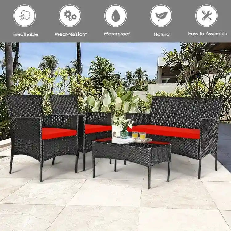 Set divano da esterno in rattan imbottito 4 pezzi con tavolino da caffè in vetro temperato - 24 x 23,5 x 33 (L x P x A)