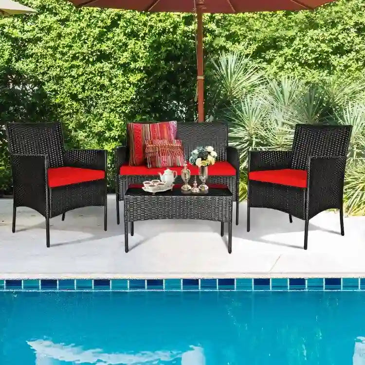 Set divano da esterno in rattan imbottito 4 pezzi con tavolino da caffè in vetro temperato - 24 x 23,5 x 33 (L x P x A)
