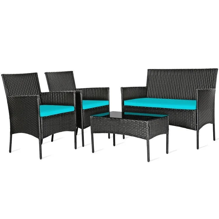 Set divano da esterno in rattan imbottito 4 pezzi con tavolino da caffè in vetro temperato - 24 x 23,5 x 33 (L x P x A)