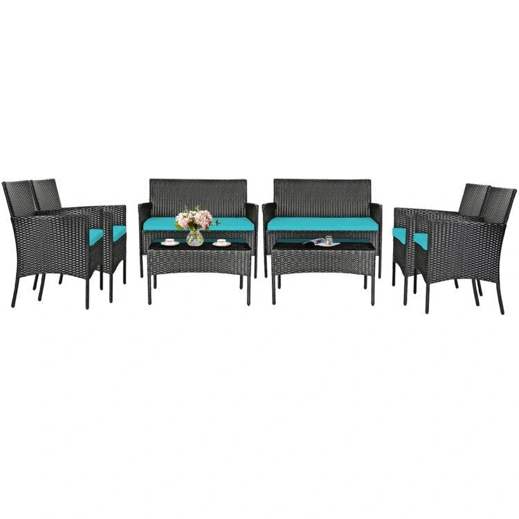 Set divano da esterno in rattan imbottito 4 pezzi con tavolino da caffè in vetro temperato - 24 x 23,5 x 33 (L x P x A)