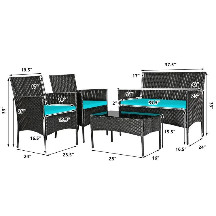 Set divano da esterno in rattan imbottito 4 pezzi con tavolino da caffè in vetro temperato - 24 x 23,5 x 33 (L x P x A)