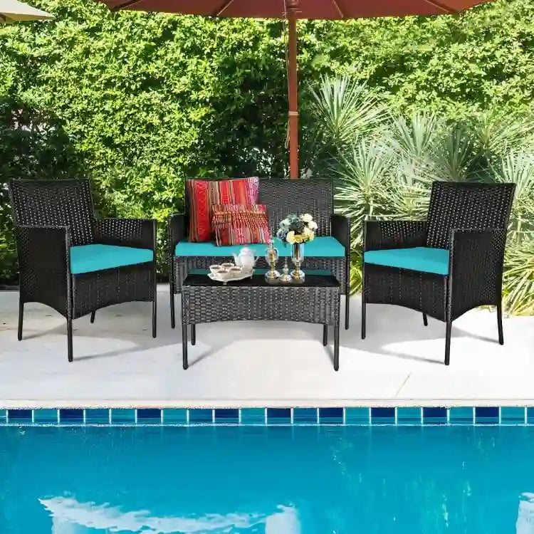 Set divano da esterno in rattan imbottito 4 pezzi con tavolino da caffè in vetro temperato - 24 x 23,5 x 33 (L x P x A)