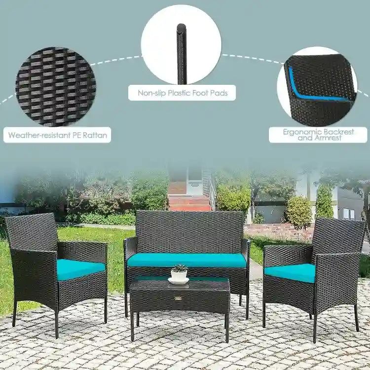 Set divano da esterno in rattan imbottito 4 pezzi con tavolino da caffè in vetro temperato - 24 x 23,5 x 33 (L x P x A)