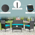 Set divano da esterno in rattan imbottito 4 pezzi con tavolino da caffè in vetro temperato - 24 x 23,5 x 33 (L x P x A)
