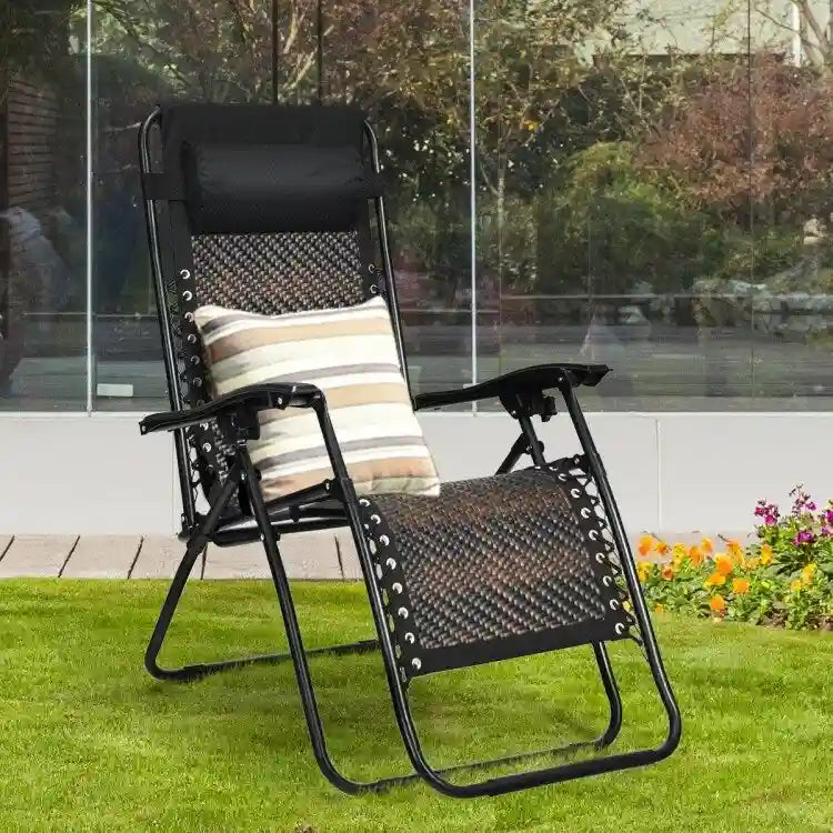 Sedia a sdraio pieghevole a gravità zero in rattan con cuscino poggiatesta rimovibile - 32~61 x 25,5 x 34~43,5 (L x P x A)