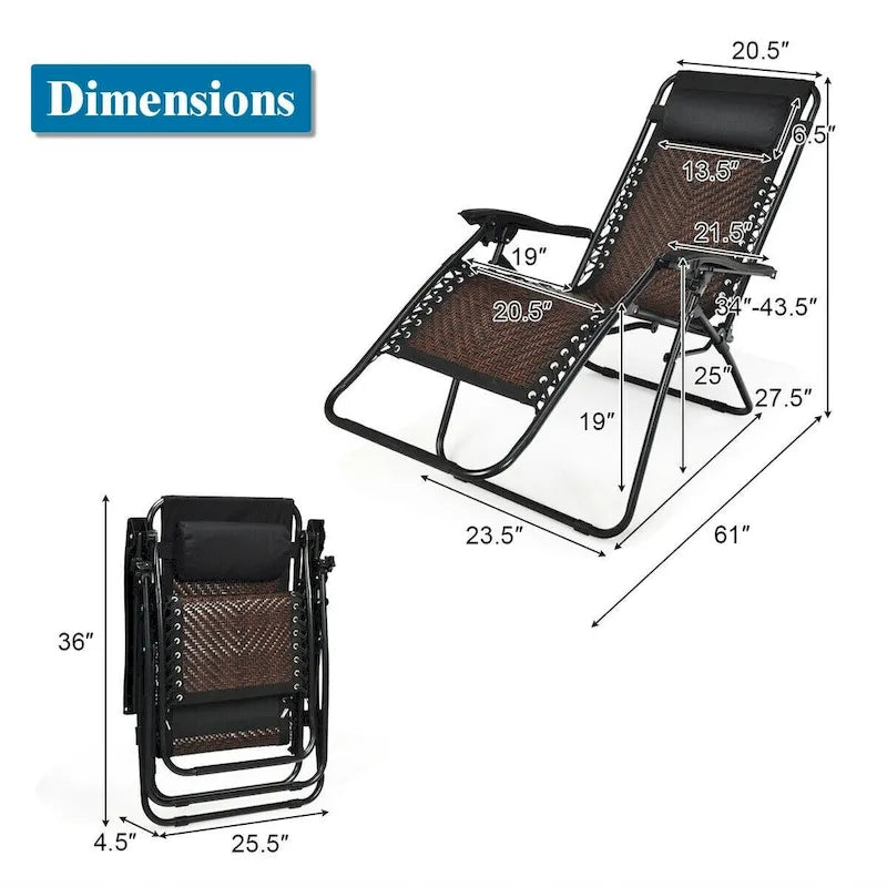 Sedia a sdraio pieghevole a gravità zero in rattan con cuscino poggiatesta rimovibile - 32~61 x 25,5 x 34~43,5 (L x P x A)