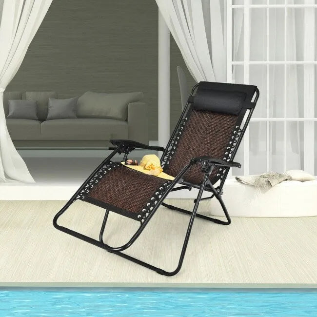 Sedia a sdraio pieghevole a gravità zero in rattan con cuscino poggiatesta rimovibile - 32~61 x 25,5 x 34~43,5 (L x P x A)