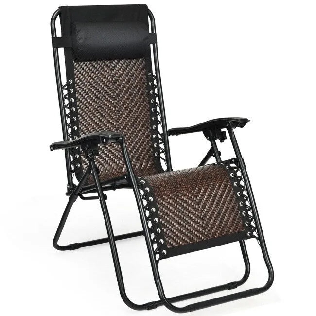 Sedia a sdraio pieghevole a gravità zero in rattan con cuscino poggiatesta rimovibile - 32~61 x 25,5 x 34~43,5 (L x P x A)
