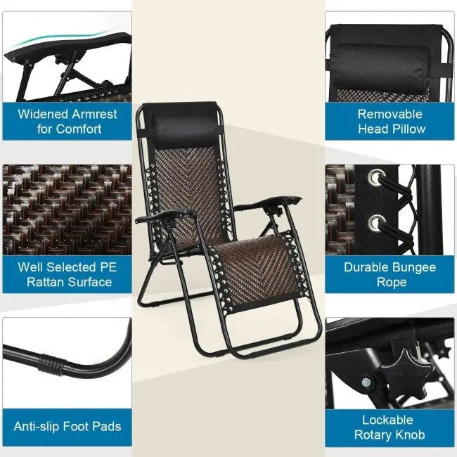 Sedia a sdraio pieghevole a gravità zero in rattan con cuscino poggiatesta rimovibile - 32~61 x 25,5 x 34~43,5 (L x P x A)