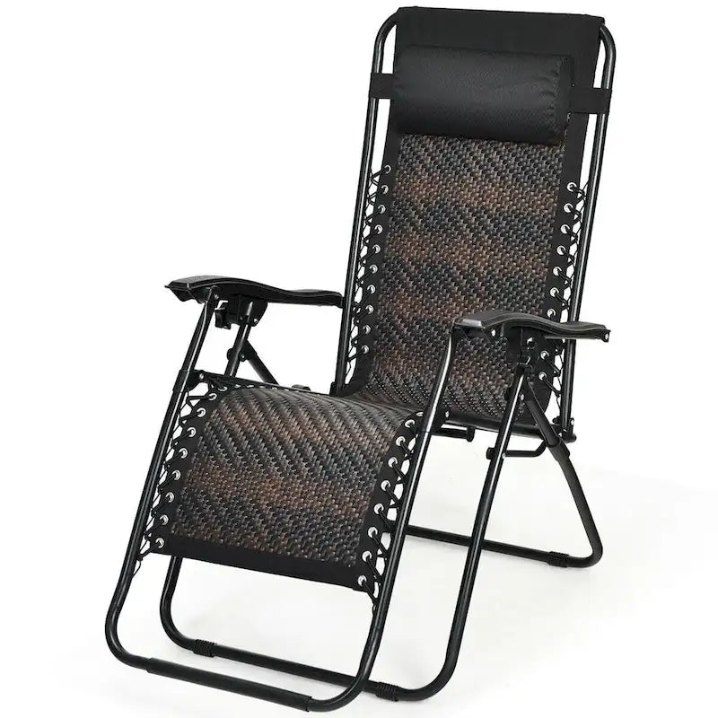 Sedia a sdraio pieghevole a gravità zero in rattan con cuscino poggiatesta rimovibile - 32~61 x 25,5 x 34~43,5 (L x P x A)