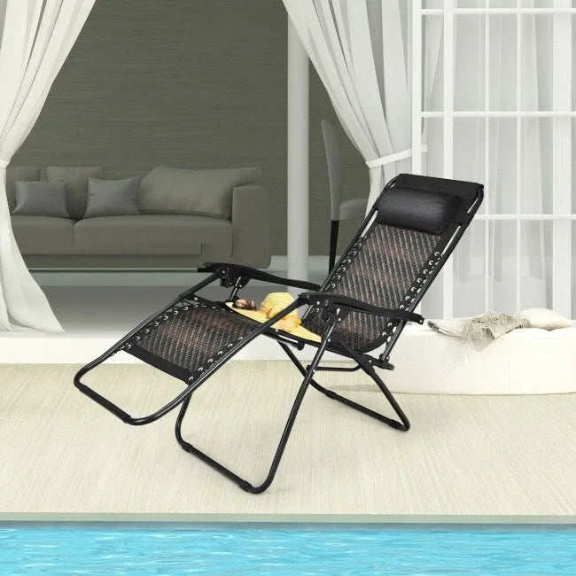 Sedia a sdraio pieghevole a gravità zero in rattan con cuscino poggiatesta rimovibile - 32~61 x 25,5 x 34~43,5 (L x P x A)