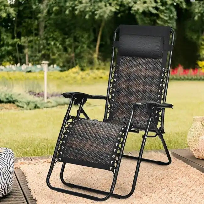 Sedia a sdraio pieghevole a gravità zero in rattan con cuscino poggiatesta rimovibile - 32~61 x 25,5 x 34~43,5 (L x P x A)