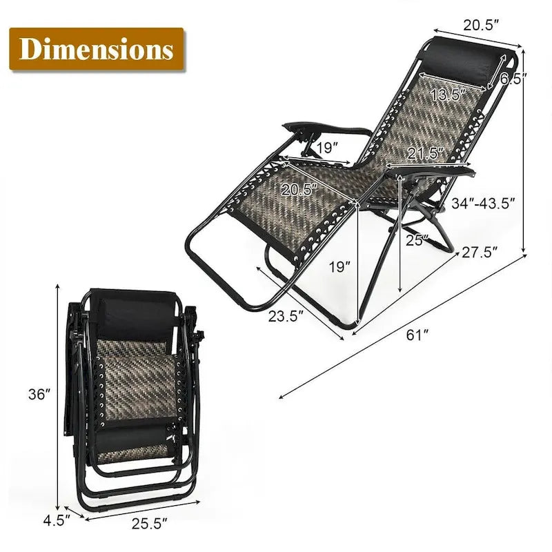 Sedia a sdraio pieghevole a gravità zero in rattan con cuscino poggiatesta rimovibile - 32~61 x 25,5 x 34~43,5 (L x P x A)