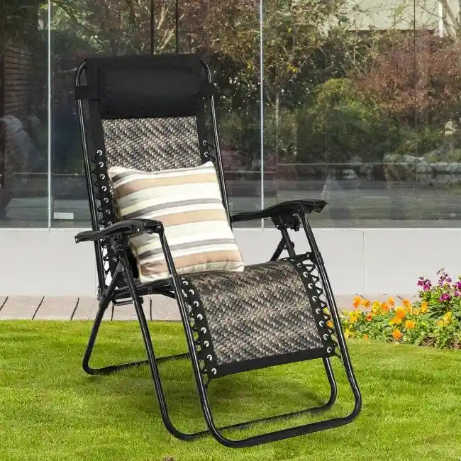 Sedia a sdraio pieghevole a gravità zero in rattan con cuscino poggiatesta rimovibile - 32~61 x 25,5 x 34~43,5 (L x P x A)