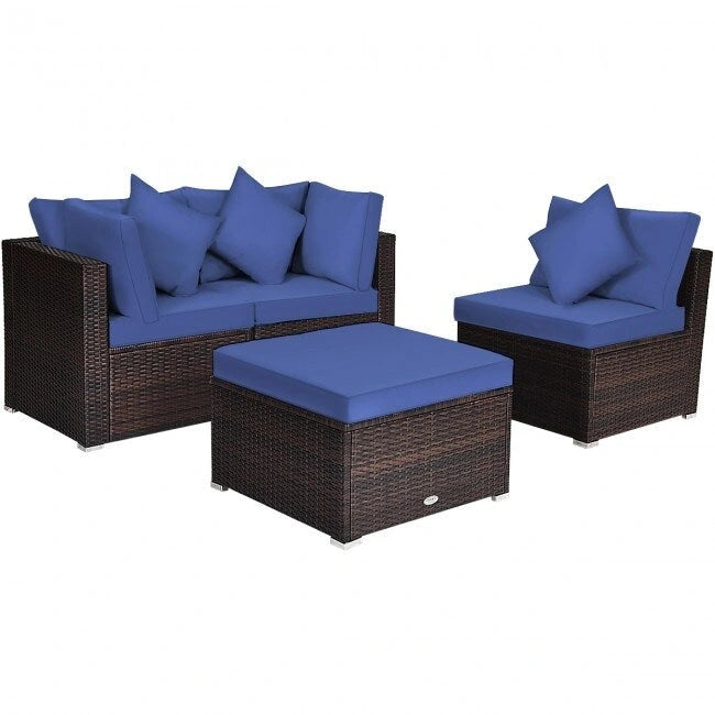 Set Mobili da Giardino in Rattan 4 Pezzi con Cuscini e Cuscini Decorativi Rimovibili - Divano ad Angolo: 74 x 74 x 63,5