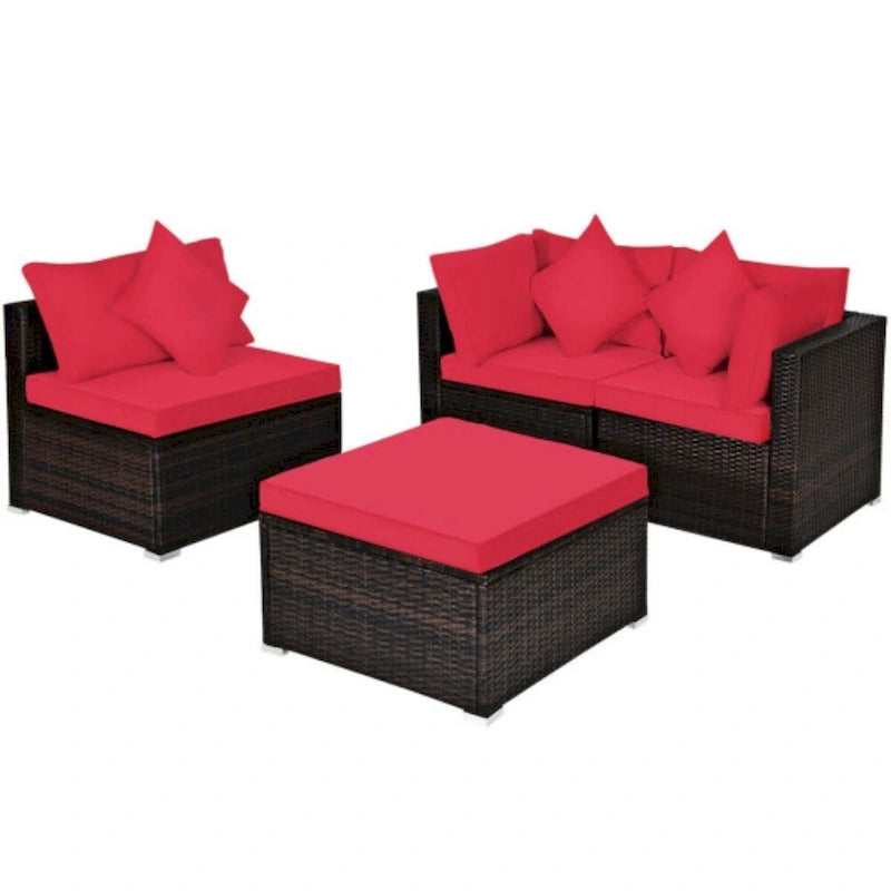 Set Mobili da Giardino in Rattan 4 Pezzi con Cuscini e Cuscini Decorativi Rimovibili - Divano ad Angolo: 74 x 74 x 63,5
