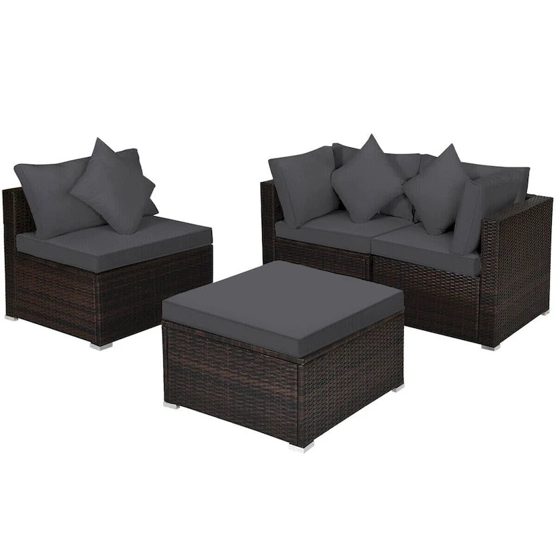 Set Mobili da Giardino in Rattan 4 Pezzi con Cuscini e Cuscini Decorativi Rimovibili - Divano ad Angolo: 74 x 74 x 63,5