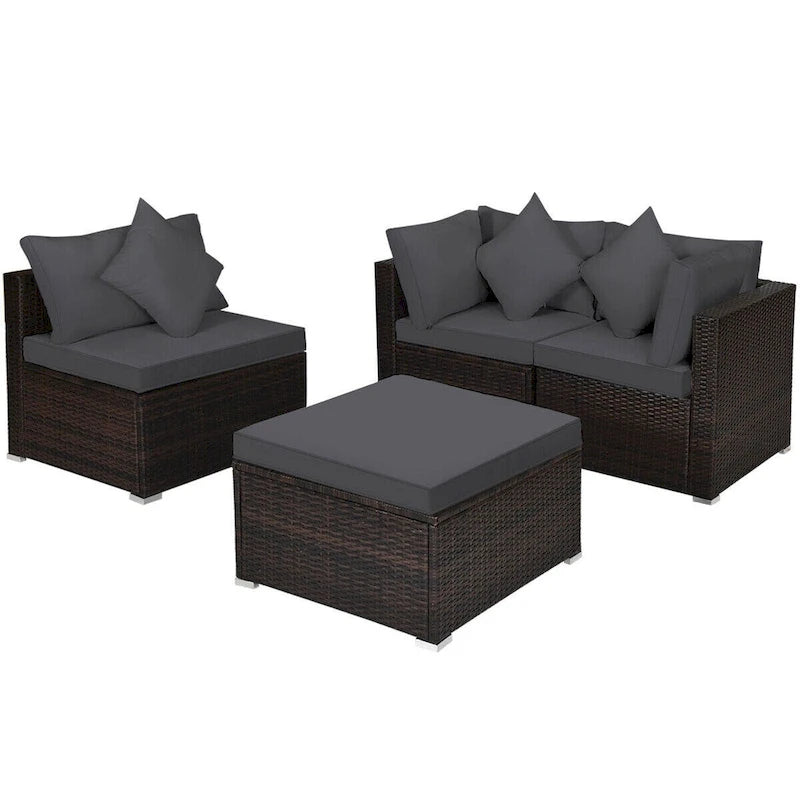 Set Mobili da Giardino in Rattan 4 Pezzi con Cuscini e Cuscini Decorativi Rimovibili - Divano ad Angolo: 74 x 74 x 63,5