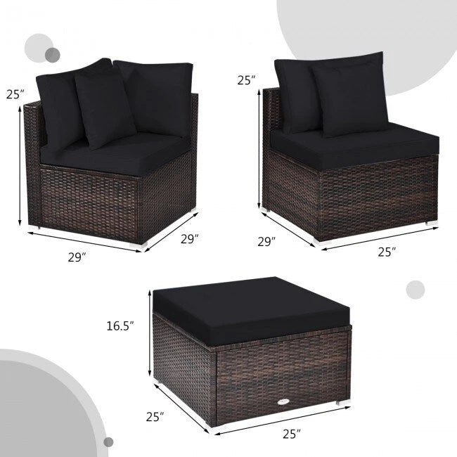 Set Mobili da Giardino in Rattan 4 Pezzi con Cuscini e Cuscini Decorativi Rimovibili - Divano ad Angolo: 74 x 74 x 63,5