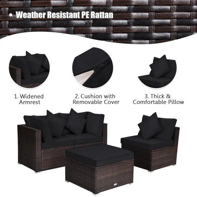 Set Mobili da Giardino in Rattan 4 Pezzi con Cuscini e Cuscini Decorativi Rimovibili - Divano ad Angolo: 74 x 74 x 63,5