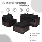 Set Mobili da Giardino in Rattan 4 Pezzi con Cuscini e Cuscini Decorativi Rimovibili - Divano ad Angolo: 74 x 74 x 63,5