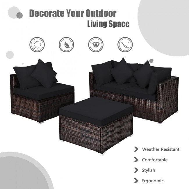 Set Mobili da Giardino in Rattan 4 Pezzi con Cuscini e Cuscini Decorativi Rimovibili - Divano ad Angolo: 74 x 74 x 63,5