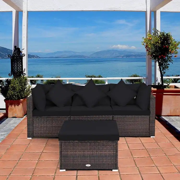 Set Mobili da Giardino in Rattan 4 Pezzi con Cuscini e Cuscini Decorativi Rimovibili - Divano ad Angolo: 74 x 74 x 63,5