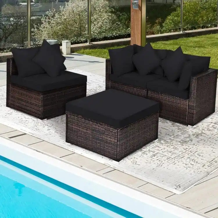 Set Mobili da Giardino in Rattan 4 Pezzi con Cuscini e Cuscini Decorativi Rimovibili - Divano ad Angolo: 74 x 74 x 63,5