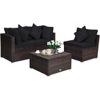 Set Mobili da Giardino in Rattan 4 Pezzi con Cuscini e Cuscini Decorativi Rimovibili - Divano ad Angolo: 74 x 74 x 63,5