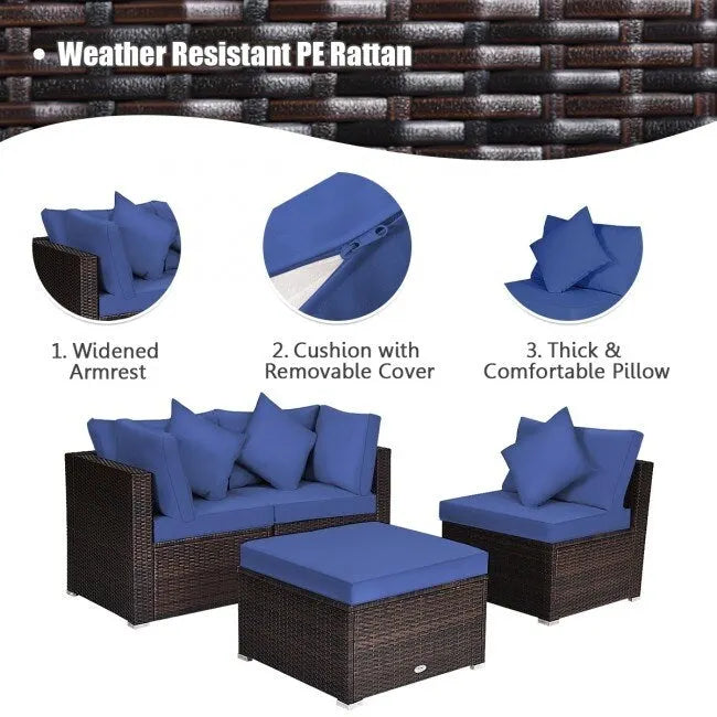 Set Mobili da Giardino in Rattan 4 Pezzi con Cuscini e Cuscini Decorativi Rimovibili - Divano ad Angolo: 74 x 74 x 63,5