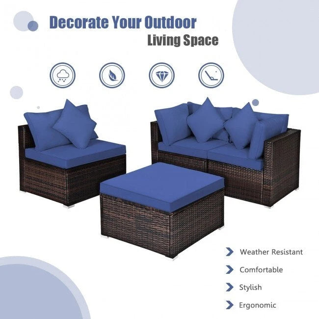 Set Mobili da Giardino in Rattan 4 Pezzi con Cuscini e Cuscini Decorativi Rimovibili - Divano ad Angolo: 74 x 74 x 63,5