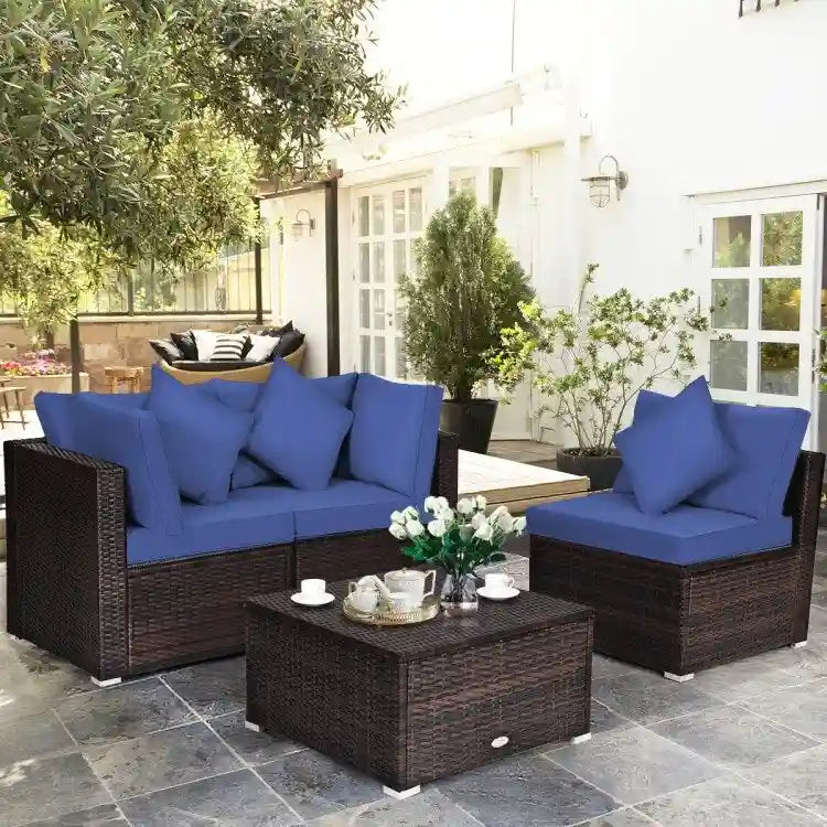 Set Mobili da Giardino in Rattan 4 Pezzi con Cuscini e Cuscini Decorativi Rimovibili - Divano ad Angolo: 74 x 74 x 63,5