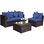 Set Mobili da Giardino in Rattan 4 Pezzi con Cuscini e Cuscini Decorativi Rimovibili - Divano ad Angolo: 74 x 74 x 63,5