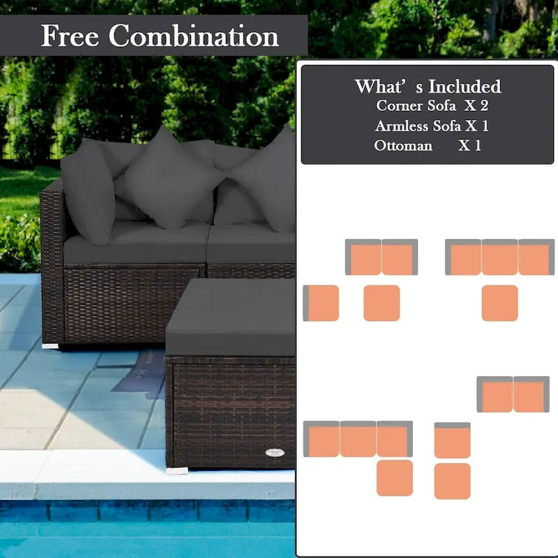 Set Mobili da Giardino in Rattan 4 Pezzi con Cuscini e Cuscini Decorativi Rimovibili - Divano ad Angolo: 74 x 74 x 63,5