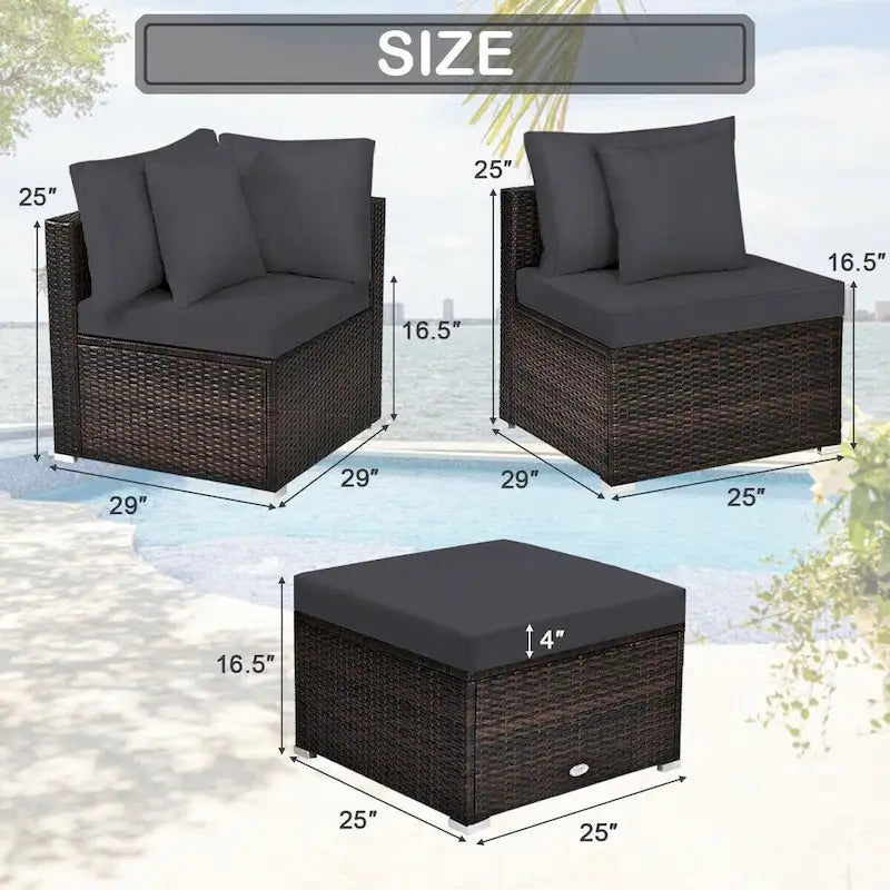 Set Mobili da Giardino in Rattan 4 Pezzi con Cuscini e Cuscini Decorativi Rimovibili - Divano ad Angolo: 74 x 74 x 63,5