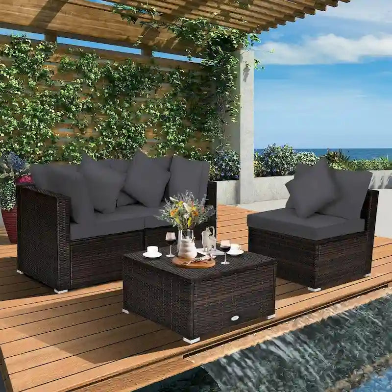 Set Mobili da Giardino in Rattan 4 Pezzi con Cuscini e Cuscini Decorativi Rimovibili - Divano ad Angolo: 74 x 74 x 63,5