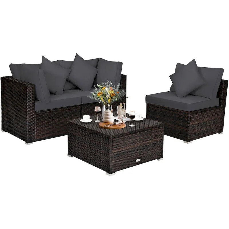 Set Mobili da Giardino in Rattan 4 Pezzi con Cuscini e Cuscini Decorativi Rimovibili - Divano ad Angolo: 74 x 74 x 63,5